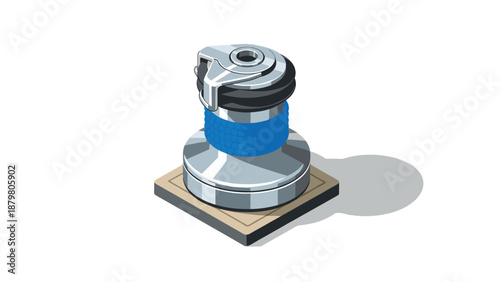 Isometric yacht winch on deck with shadow effect and blue rope detailing