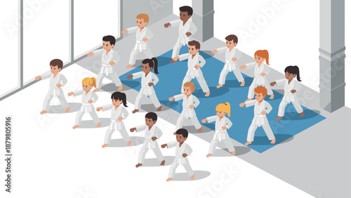 Isometric karate class with diverse participants practicing martial arts in a gym setting