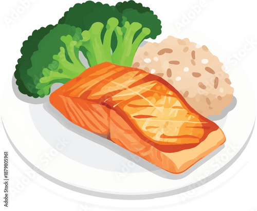 Grilled salmon fillet with steamed broccoli and brown rice on a white plate — healthy balanced meal illustration ideal for fitness apps, diet plans, clean eating content, and restaurant menus featurin