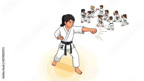 Karate kid leading a class of young martial artists practicing katas in a dynamic white dojo setting