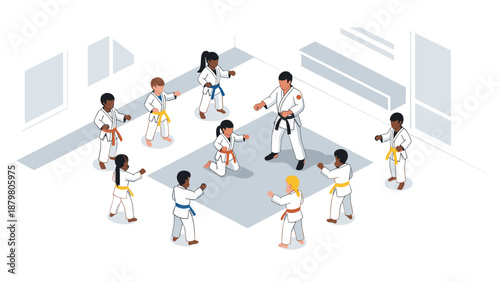 Isometric karate class training with diverse group practicing martial arts in studio setting