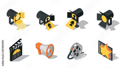 Isometric film icons: lights, megaphone, clapperboard, reel, star frame