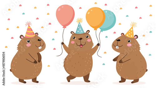Three happy groundhogs celebrate a birthday party with colorful balloons