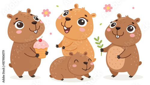 Adorable cartoon beavers celebrate with cupcake and flower