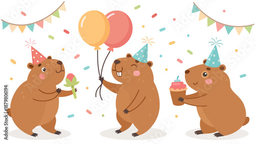 Three happy brown bears celebrating with party hats and colorful balloons