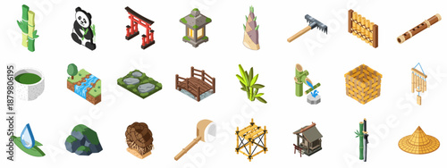 Isometric Icons of Japanese Culture, Zen Garden Elements, and Bamboo Nature Set, featuring Panda, Torii Gate, Tea, and Traditional Objects.