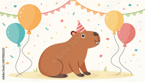 Capybara celebrates a joyful birthday with colorful balloons and confetti
