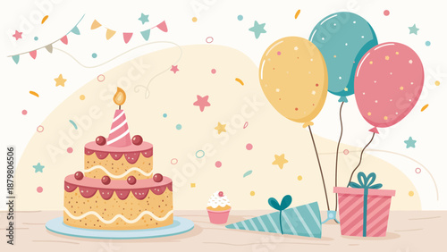 Vibrant birthday celebration with cake, balloons, and gifts