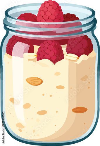 Raspberry overnight oats in a glass jar with almonds — healthy breakfast illustration perfect for meal prep apps, nutrition blogs, vegan recipes, gym fuel content, and clean eating branding with fresh