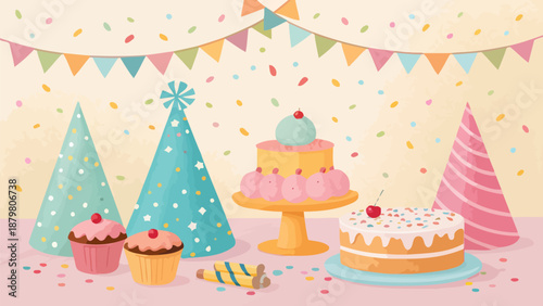 Vibrant birthday celebration with colorful cakes and cupcakes