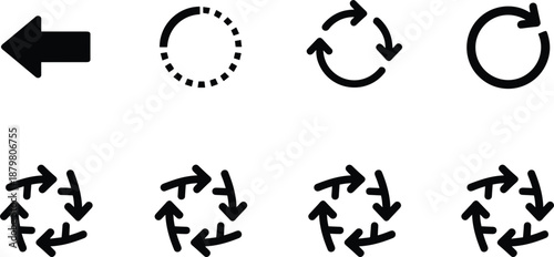 Arrow and refresh icons set showing navigation rotation loading cycles dotted progress symbols minimal black vector design