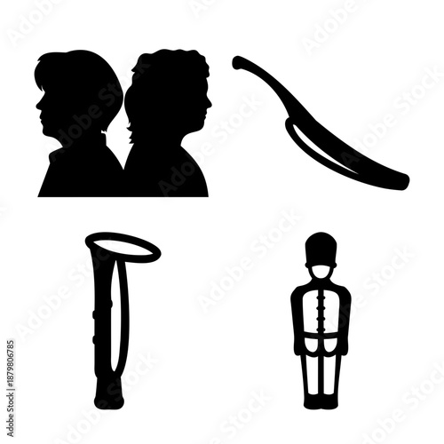 A collection of diverse black silhouettes featuring people, a tool, a crutch, and a guard