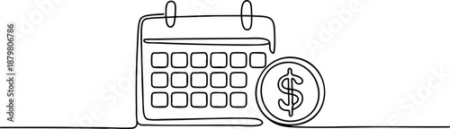 Calendar with dollar coin line icon banner, payday budget finance schedule concept outline design