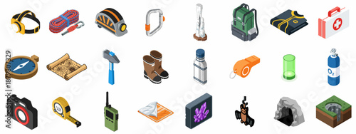 Isometric Caving and Speleology Equipment Icon Set, featuring exploration tools, survival gear, headlamps, rope, compass, and crystals on white background.
