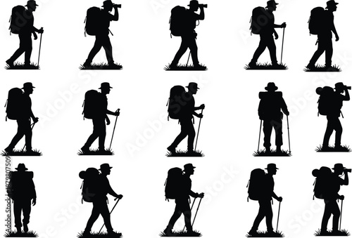 Large collection of hiker silhouettes with backpacks and travel icons including passport, airplane, and hotel for outdoor adventure and tourism