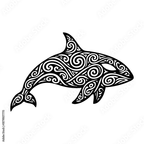 Silueta de orca (ballena asesina) con decoración de tatuajes tribales maoríes