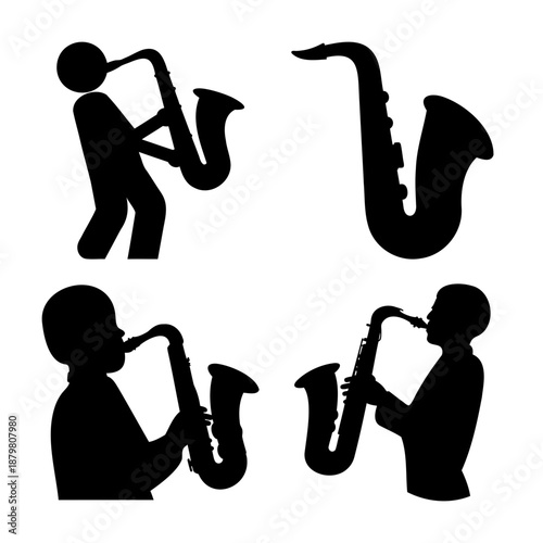 Various black silhouette illustrations depicting people playing saxophones and a standalone saxophone instrument