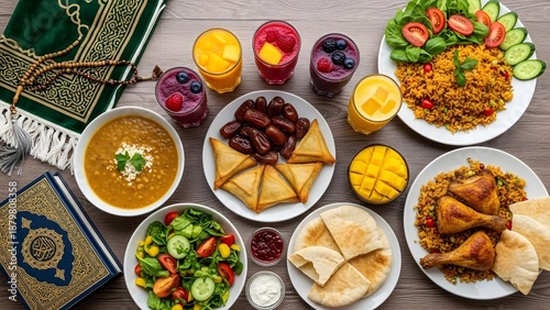  traditional Islamic meal spread on a wooden table with dates and Quran