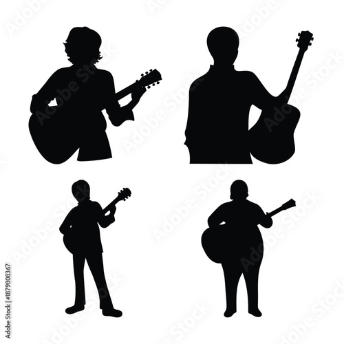 Diverse group of guitar players silhouette collection showcasing various musician figures