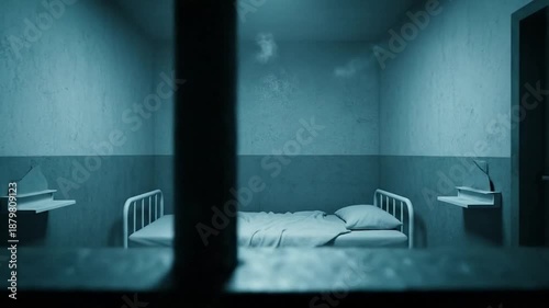Dank prison cell with bed and barred window, dark and lonely, confinement concept