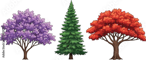 Set of colorful seasonal trees including flowering, pine, and autumn foliage vector illustration isolated on white background for design use