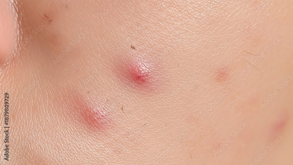 Fototapeta premium Close-animated movie macro view of human skin texture with inflamed red pimples and fine hairs, showcasing pores and imperfections.