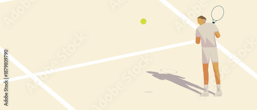 Minimal tennis illustration with male player hitting the ball on court. Clean geometric style, soft colors and long shadows. Perfect for sports design, fitness projects, posters and web banners.