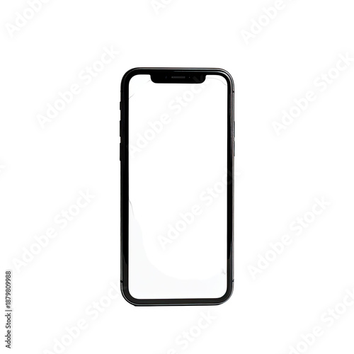 A sleek, modern black smartphone with a blank screen on a black background