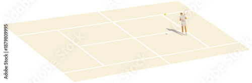 Isometric tennis court with single player and ball. Clean minimal sports illustration with soft colors. Ideal for web design, presentations, posters, sports apps and educational materials.