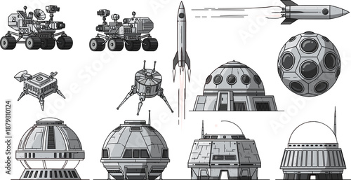 Space exploration equipment set illustration featuring rockets rovers lunar bases futuristic spacecraft technology elements isolated vector collection