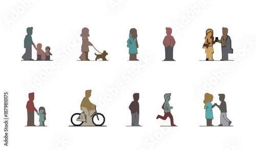 Miniature people illustration of urban outdoor activities with kids dogs bicycles flat vector