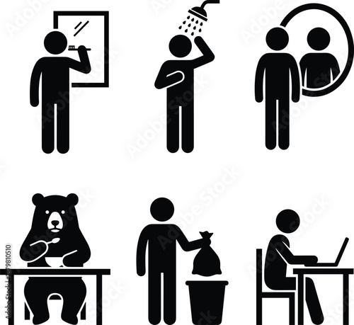Daily routine pictogram icons set, morning hygiene, shower, mirror brushing teeth, family couple, work desk, trash disposal, lifestyle habits illustration