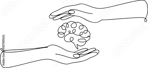 Hands holding brain line icon banner, mental health psychology care support concept outline