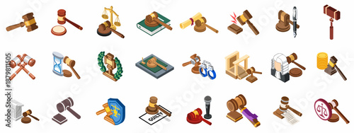 Isometric Law and Justice Icons Collection featuring Gavels, Scales, Judge, Handcuffs, and Courtroom Elements for Legal Design.