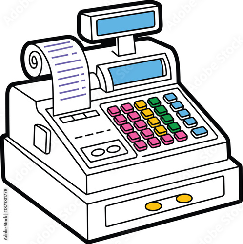 Illustrated cash register machine, retail checkout equipment, point of sale system, vintage billing device, colorful keypad, receipt printer, store counter, business transaction concept