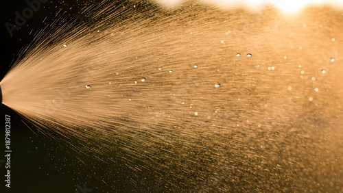 Dynamic spray of water mist backlit by golden summer sun