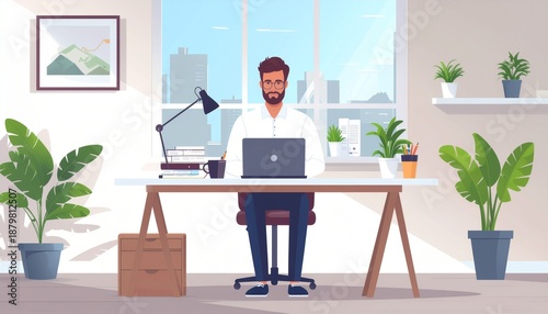 Modern remote work illustration with home office setup