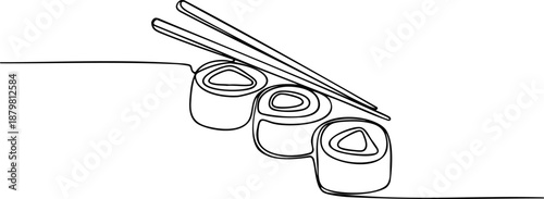 Sushi rolls with chopsticks line icon banner, Japanese food restaurant menu outline design