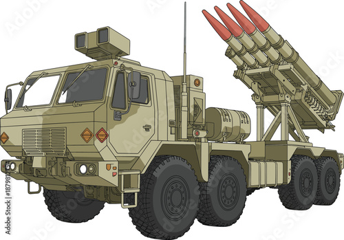 Military rocket launcher truck illustration, tactical missile system vehicle, modern army defense equipment, isolated vector artwork, armored transport launcher, heavy weapon platform