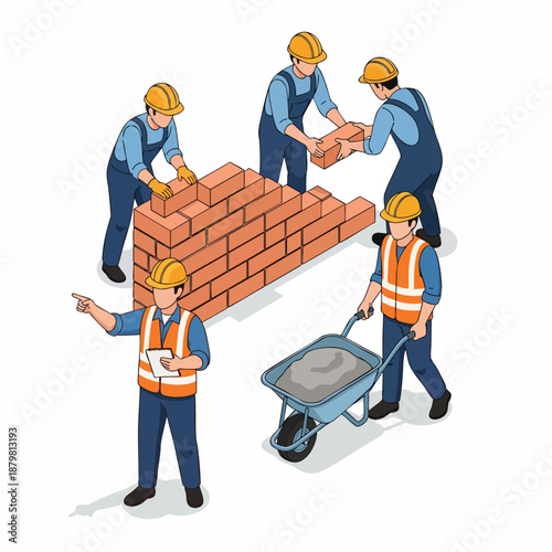 Construction workers building a brick wall, teamwork, professional labor, and skilled industry with tools and materials, isometric illustration.