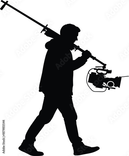 Professional Videographer Silhouette Carrying Video Camera Rig on Shoulder Walking for Movie Production Film Making Cinematography and Media Broadcast Industry Vector