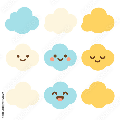 Cloud nine cute cartoon clouds suitable for kids products, stationery, or website backgrounds with cheerful and whimsical designs.