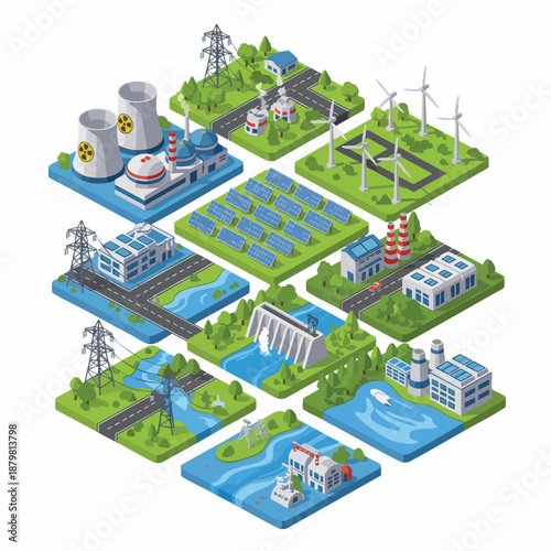 Diverse Energy Production Methods: Renewable and Non-Renewable Power Plants Collection Isometric Illustration.