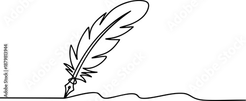 Feather quill pen line icon banner, vintage writing symbol outline for literature history