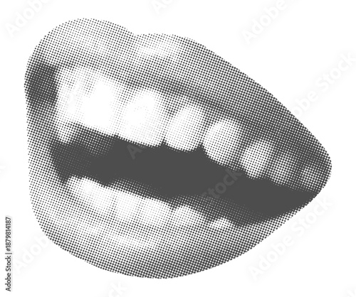 Black and white halftone lips illustration with detailed dot texture, vintage comic style mouth artwork perfect for pop art design, retro posters, editorial graphics, and print media.