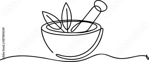 Herbal mortar and pestle line icon banner, natural medicine and Ayurveda spa wellness outline design