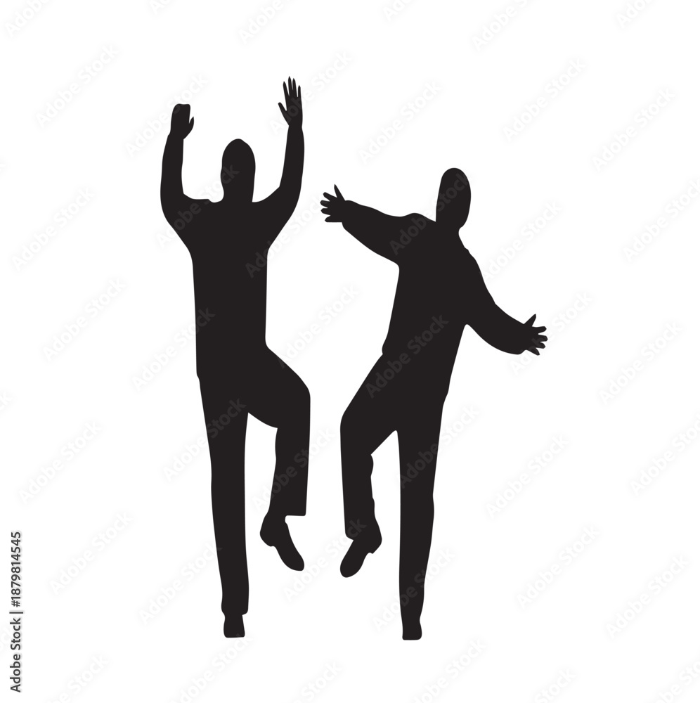 Fototapeta premium Cheerful male friends jumping silhouette. Celebration pose together. Successful men expressing happiness. Energetic motion vector illustration elements.