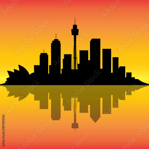Sydney Opera House and Sydney Tower Reflected in Water. A vibrant silhouette of Sydney’s skyline set against a warm sunset gradient transitioning from red to yellow. 