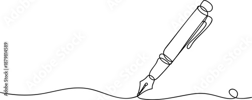 Fountain pen nib line icon banner, signature writing concept minimalist outline design with wavy line