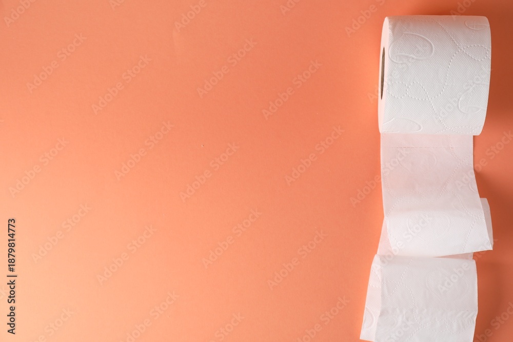 Obraz premium Toilet paper roll on coral background, top view. Space for text